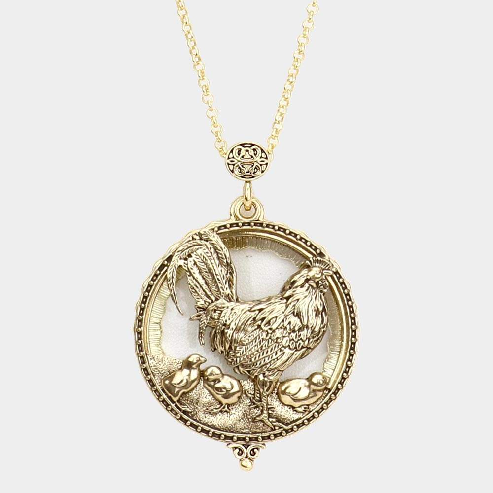 Antique Metal Rooster Magnifying Glass Pendant Long Necklace - Madeline Love - Flyclothing LLC