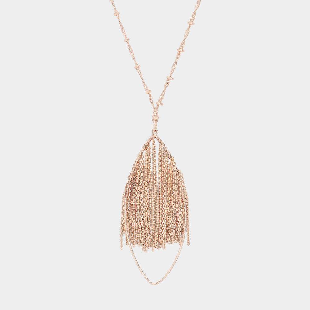 Metal Chain Fringe Oval Hoop Pendant Long Necklace - Madeline Love - Flyclothing LLC
