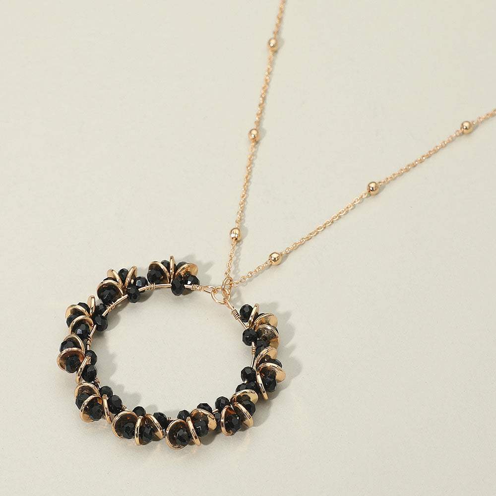 Metal Disc Faceted Beaded Open Ring Pendant Long Necklace - Madeline Love - Flyclothing LLC