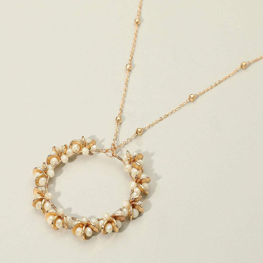 Metal Disc Faceted Beaded Open Ring Pendant Long Necklace - Madeline Love - Flyclothing LLC