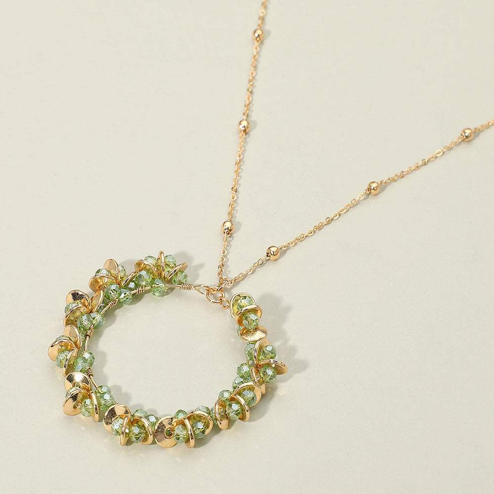 Metal Disc Faceted Beaded Open Ring Pendant Long Necklace - Madeline Love - Flyclothing LLC
