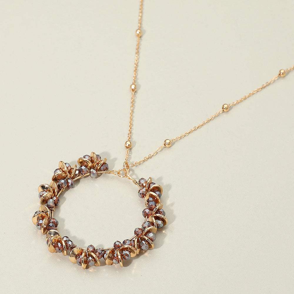 Metal Disc Faceted Beaded Open Ring Pendant Long Necklace - Madeline Love - Flyclothing LLC