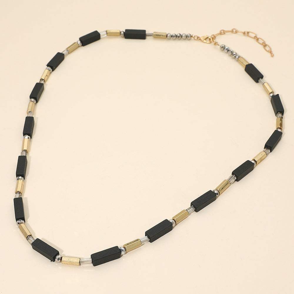 Structured Wooden Metal Bar Beaded Long Necklace - Madeline Love - Flyclothing LLC
