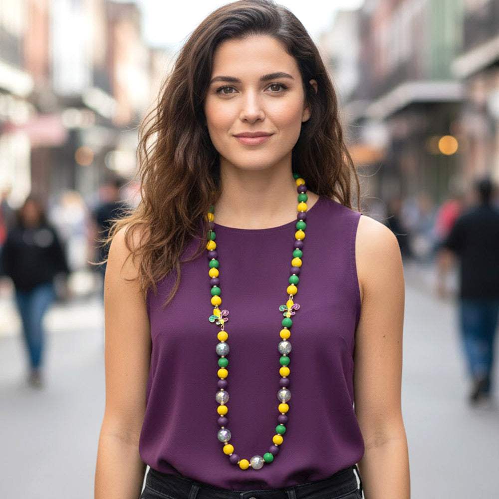 Mardi Gras Fleur de Lis Charm Wooden Beaded Long Necklace - Madeline Love - Flyclothing LLC