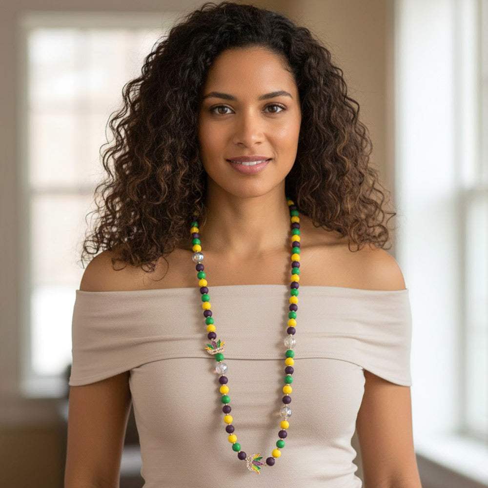 Mardi Gras Mask Charm Wooden Beaded Long Necklace - Madeline Love - Flyclothing LLC