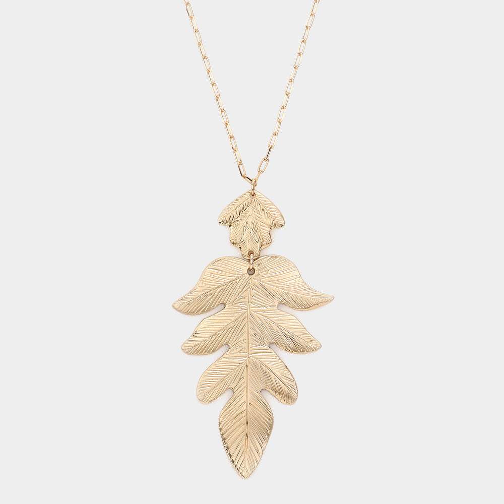 Metal Leaf Pendant Long Necklace - Madeline Love - Flyclothing LLC