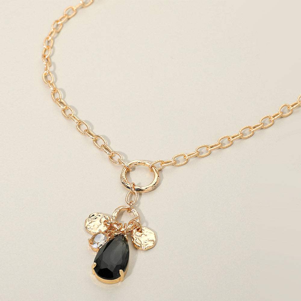 Teardrop Oval Stone Cluster Textured Medal Pendant Long Necklace - Madeline Love - Flyclothing LLC