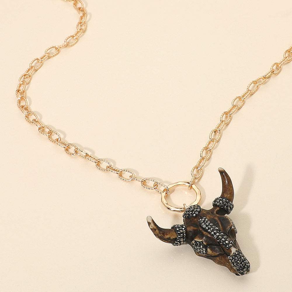 Bling Studded Western Bull Skull Pendant Long Necklace - Madeline Love - Flyclothing LLC