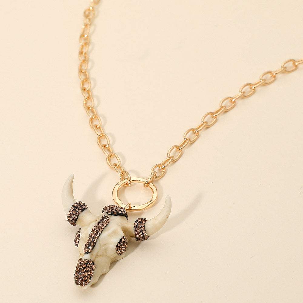 Bling Studded Western Bull Skull Pendant Long Necklace - Madeline Love - Flyclothing LLC