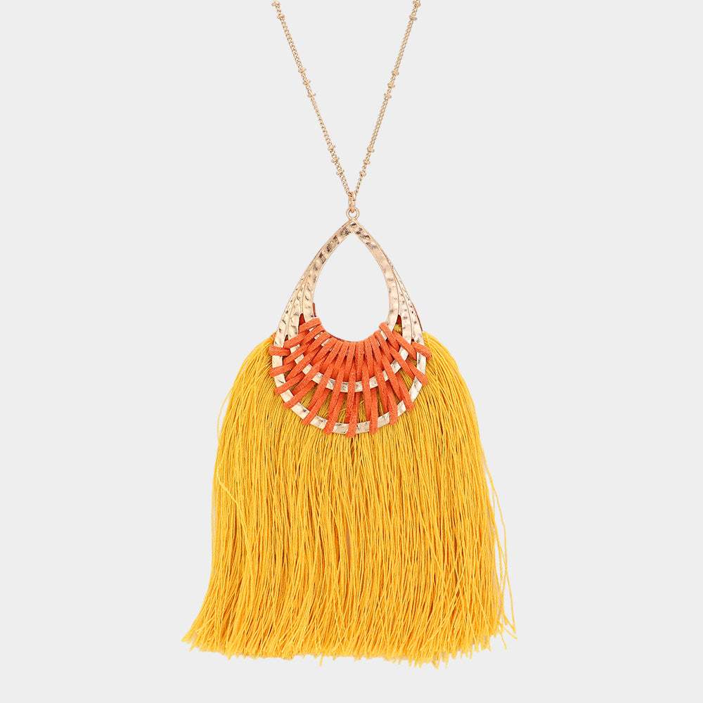 Fan Tassel Hammered Teardrop Pendant Long Necklace - Madeline Love - Flyclothing LLC
