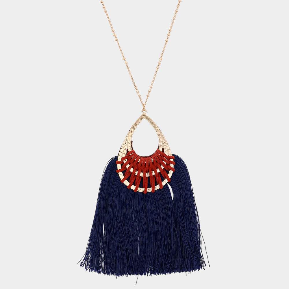Fan Tassel Hammered Teardrop Pendant Long Necklace - Madeline Love - Flyclothing LLC