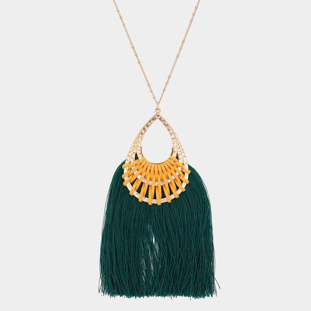 Fan Tassel Hammered Teardrop Pendant Long Necklace - Madeline Love - Flyclothing LLC