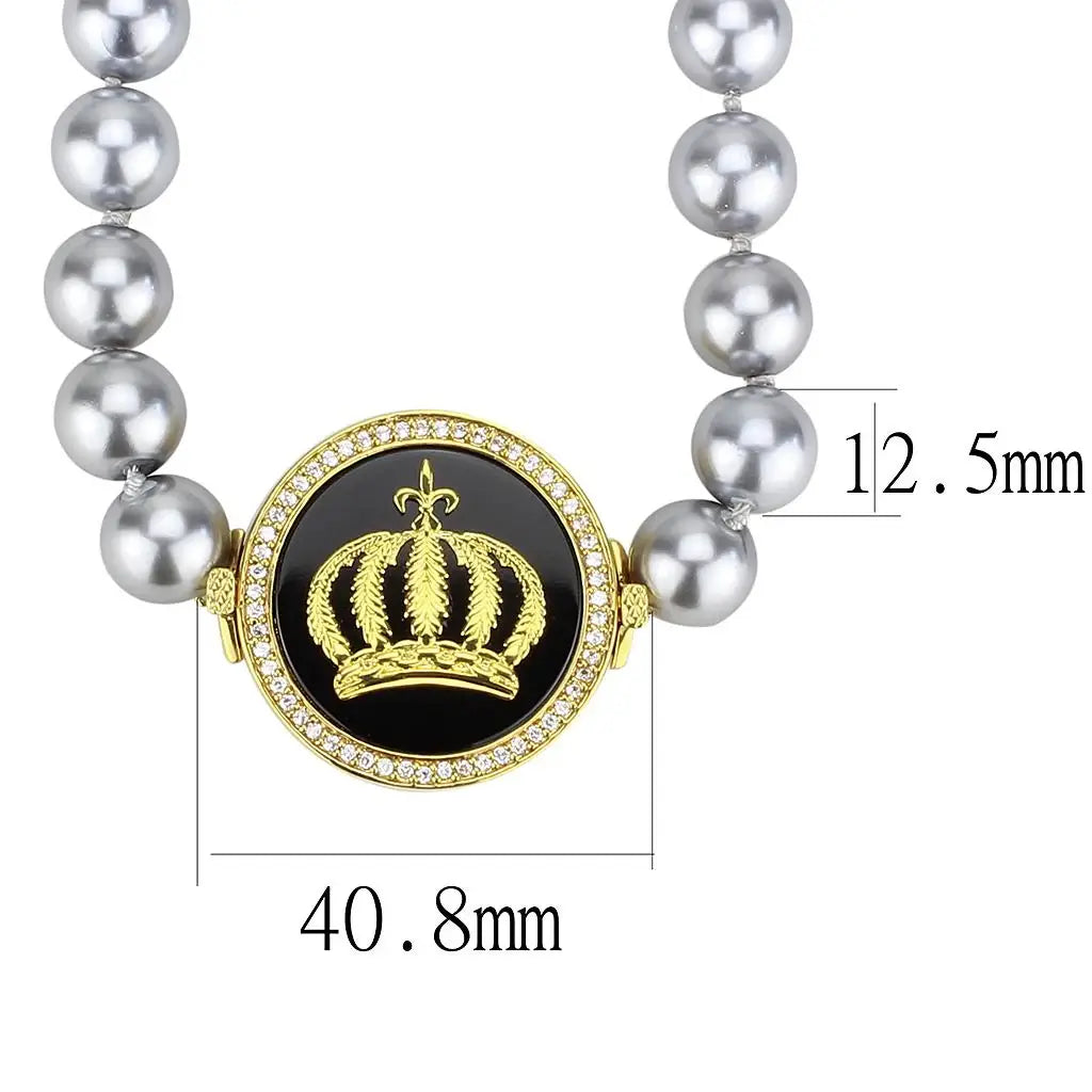 LO2646 - Gold Brass Necklace with Semi-Precious Onyx in Jet - Alamode - Flyclothing LLC