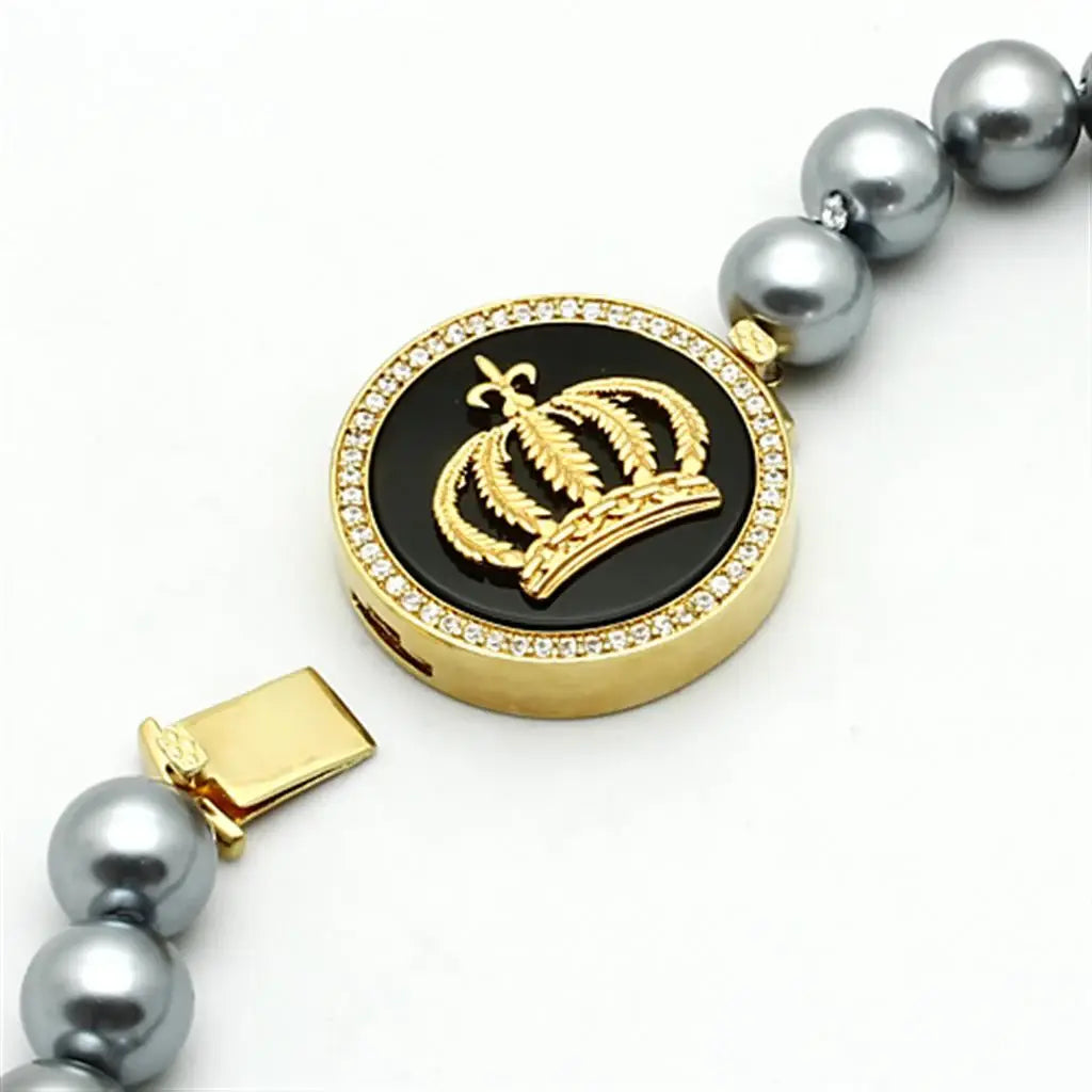 LO2646 - Gold Brass Necklace with Semi-Precious Onyx in Jet - Alamode - Flyclothing LLC