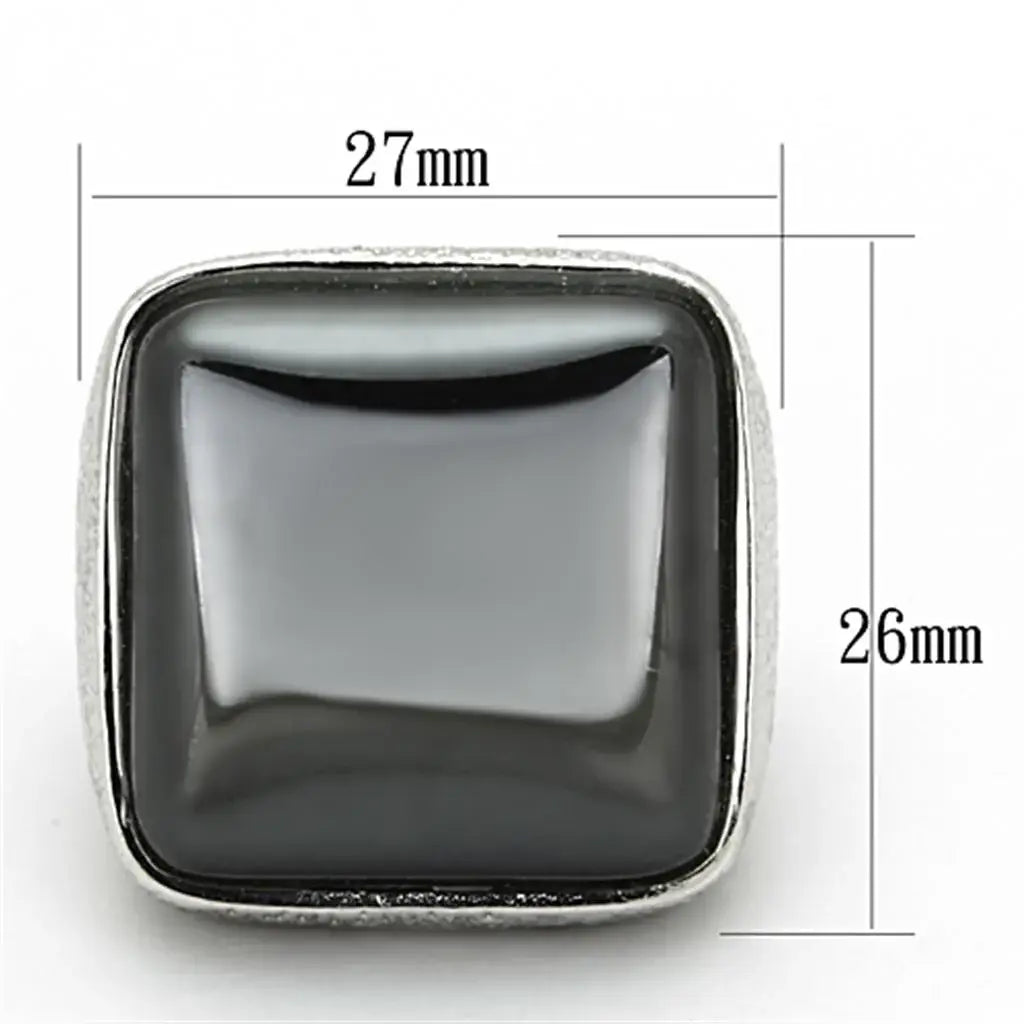 LO3045 - Rhodium Brass Ring with Semi-Precious Agate in Jet - Alamode - Flyclothing LLC