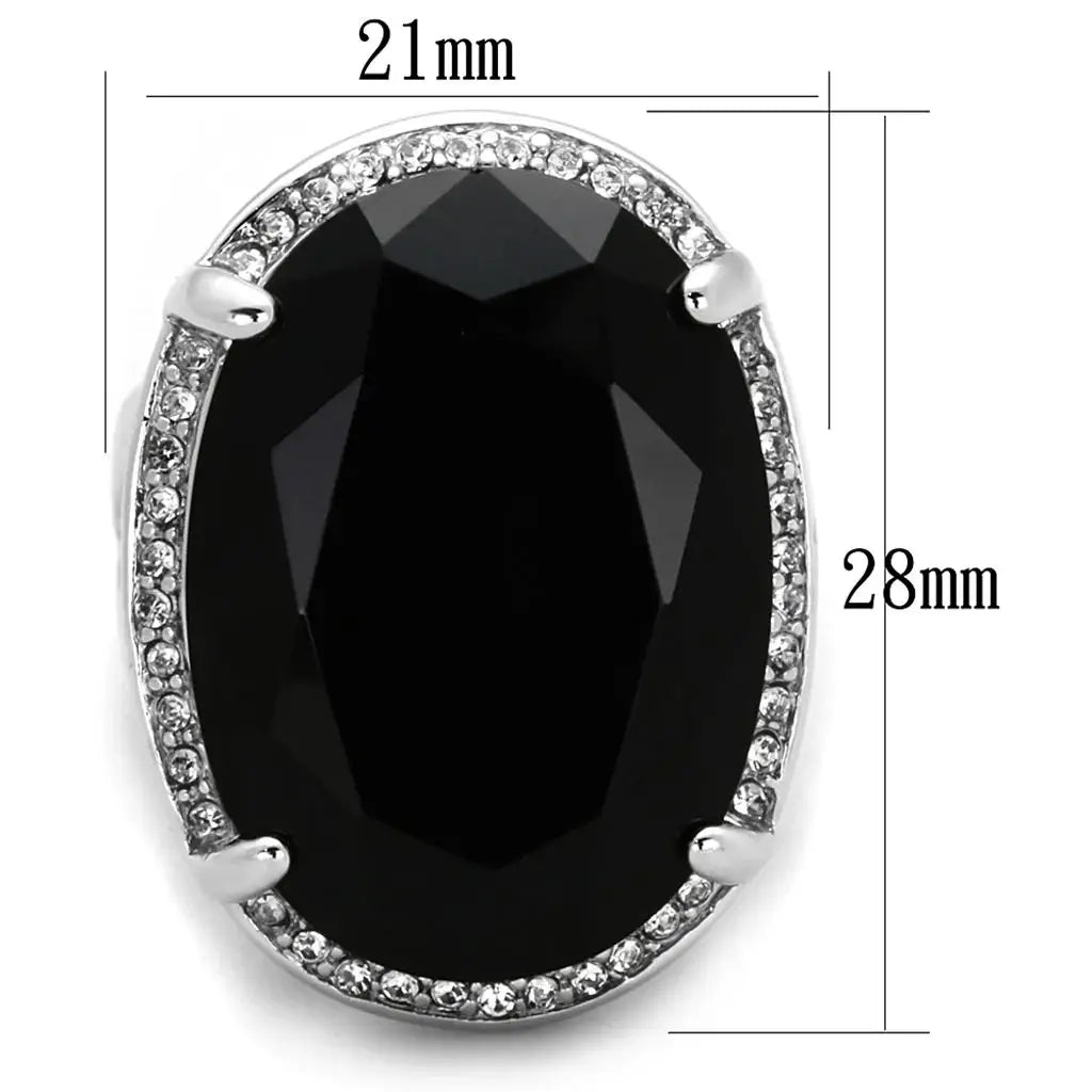 LO3534 - Rhodium Brass Ring with Synthetic Synthetic Glass in Jet - Alamode - Flyclothing LLC