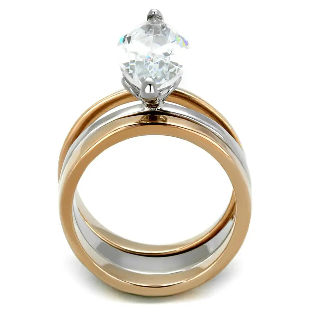 LO3554 - Two-Tone IP Rose Gold Stainless Steel Ring with AAA Grade CZ in Clear - Alamode - Flyclothing LLC