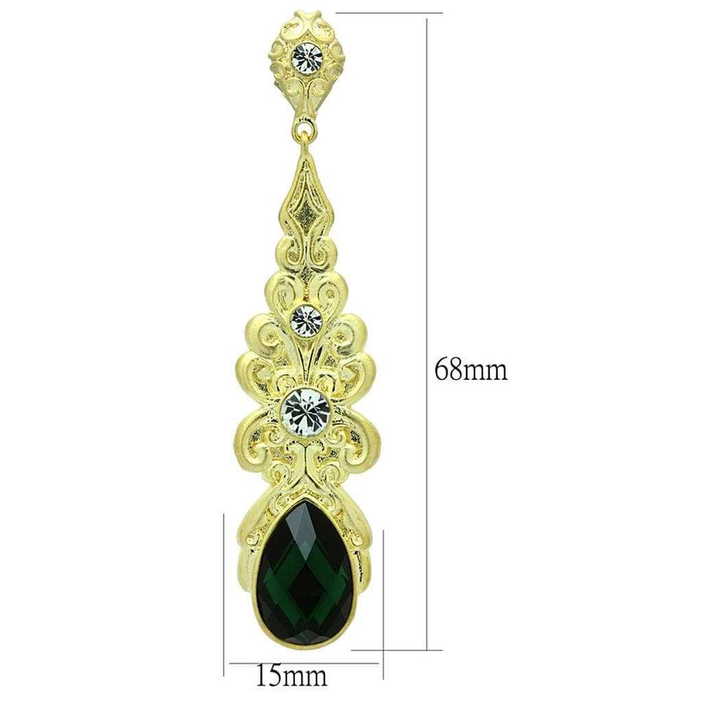 LO3669 - Gold & Brush Brass Earrings with Synthetic Synthetic Glass in Emerald - Alamode - Flyclothing LLC