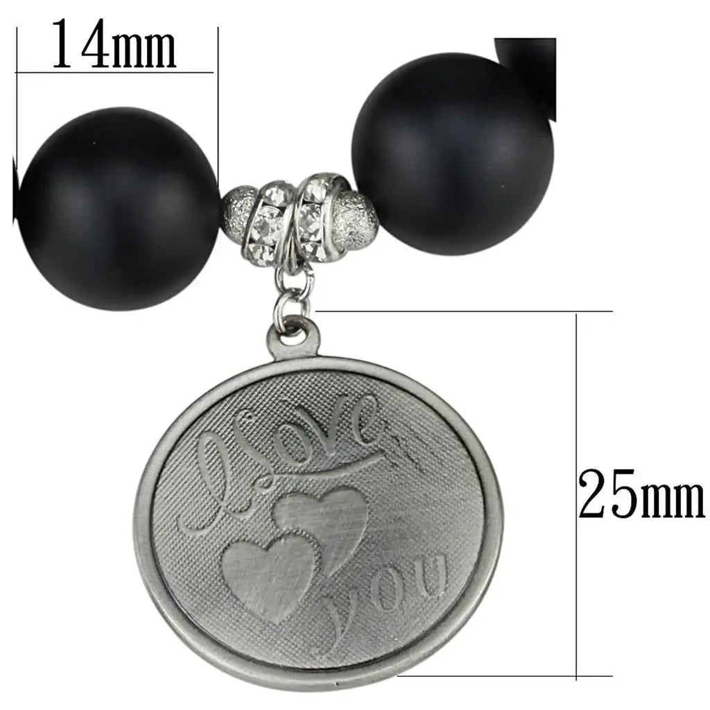 LO3783 - Antique Silver White Metal Bracelet with Synthetic Onyx in Jet - Alamode - Flyclothing LLC