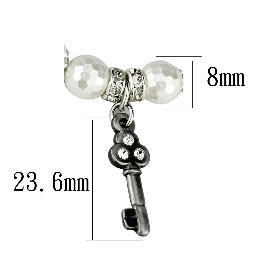 LO3797 - Antique Silver Brass Bracelet with Synthetic Glass Bead in White - Alamode - Flyclothing LLC