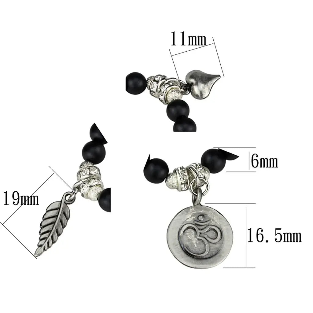 LO3798 - Antique Silver Brass Bracelet with Synthetic Glass Bead in Jet - Alamode - Flyclothing LLC