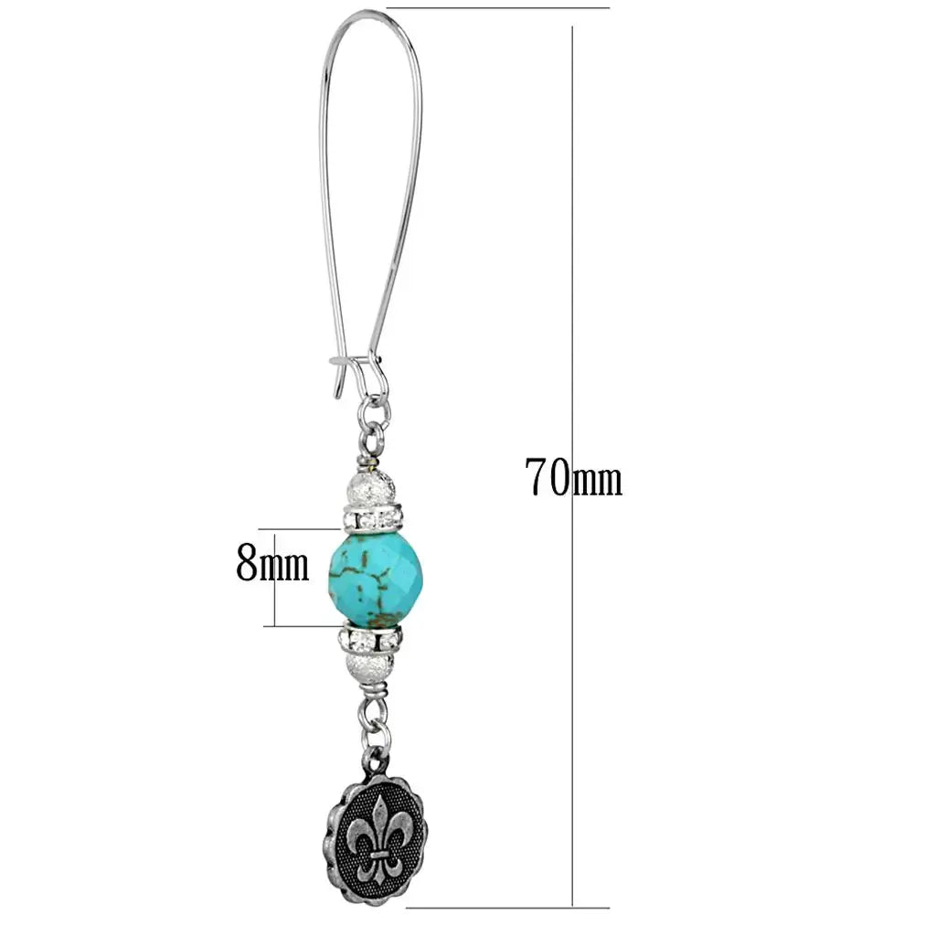 LO3807 - Antique Silver White Metal Earrings with Synthetic Turquoise in Turquoise - Alamode - Flyclothing LLC