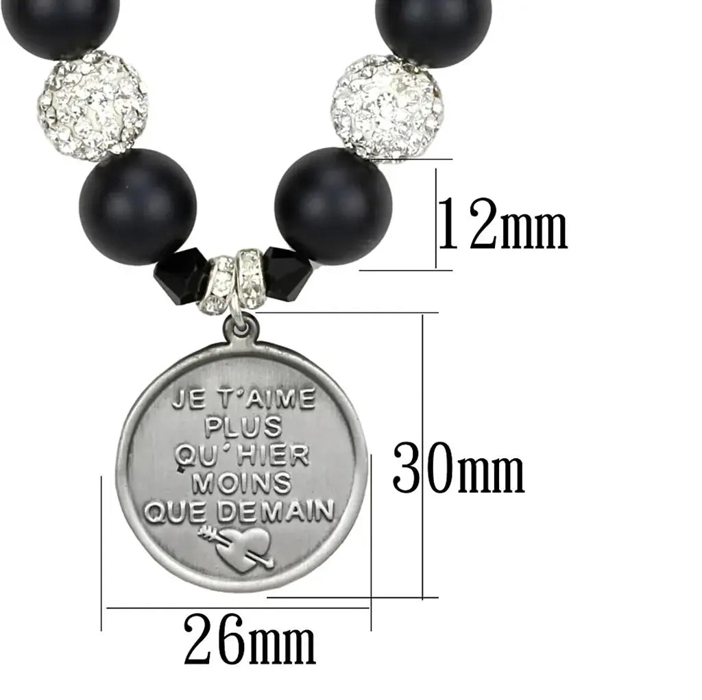 LO3815 - Antique Silver White Metal Necklace with Synthetic Glass Bead in Jet - Alamode - Flyclothing LLC
