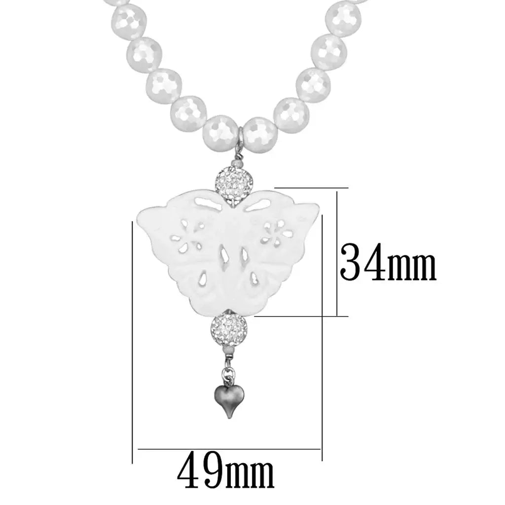 LO3821 - Antique Silver White Metal Necklace with Synthetic Glass Bead in White - Alamode - Flyclothing LLC