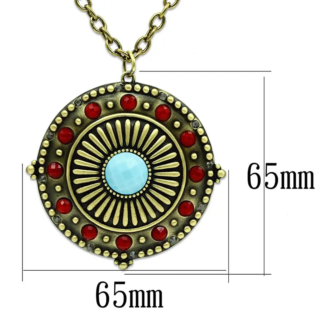 LO3838 - Antique Copper Brass Chain Pendant with Synthetic Synthetic Glass in Sea Blue - Alamode - Flyclothing LLC