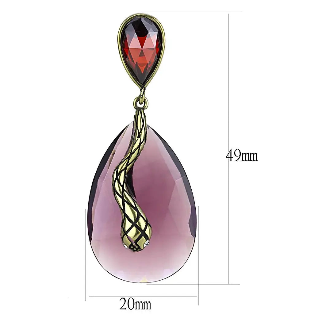 LO4187 - Antique Copper Brass Earrings with Synthetic Synthetic Glass in Amethyst - Alamode - Flyclothing LLC