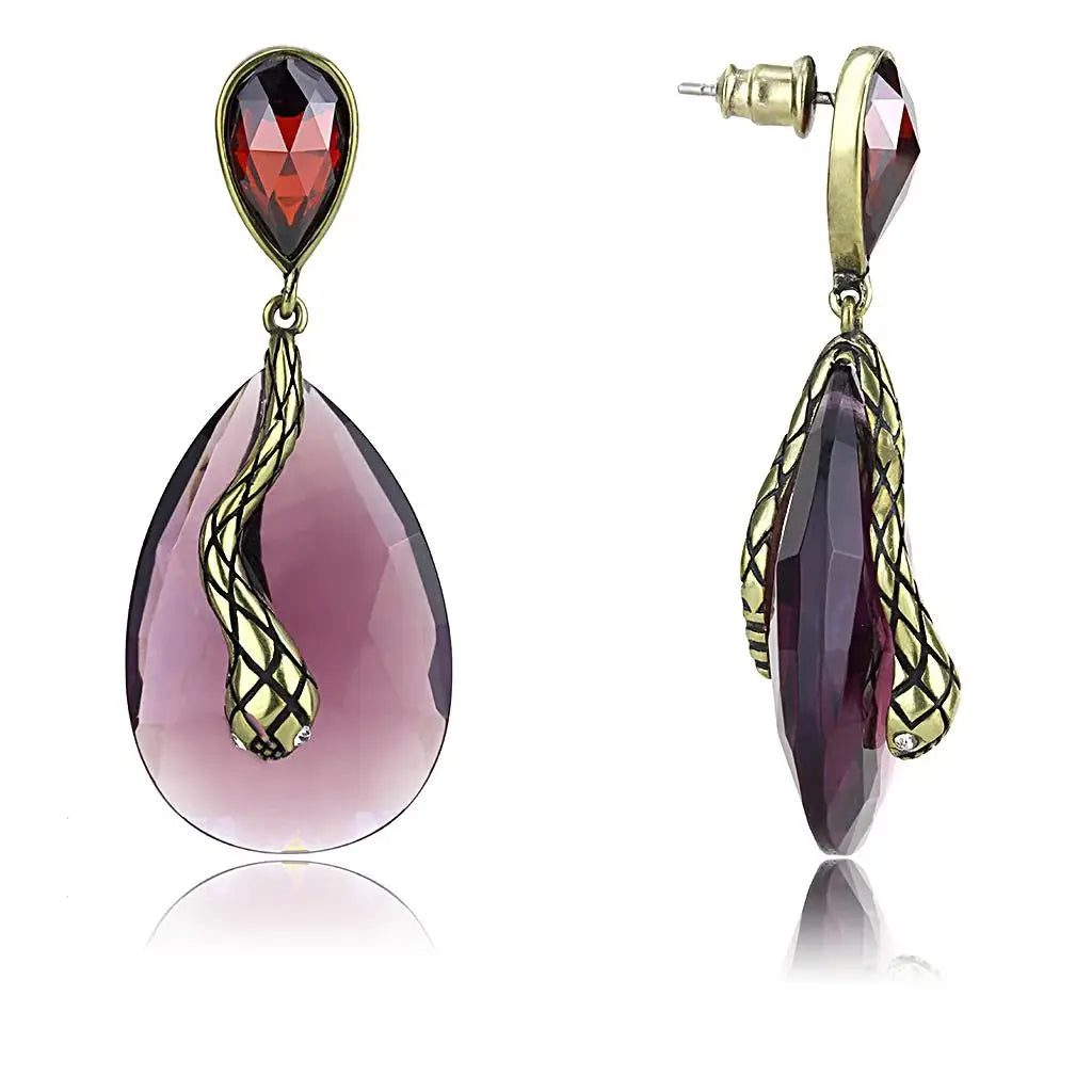 LO4187 - Antique Copper Brass Earrings with Synthetic Synthetic Glass in Amethyst - Alamode - Flyclothing LLC