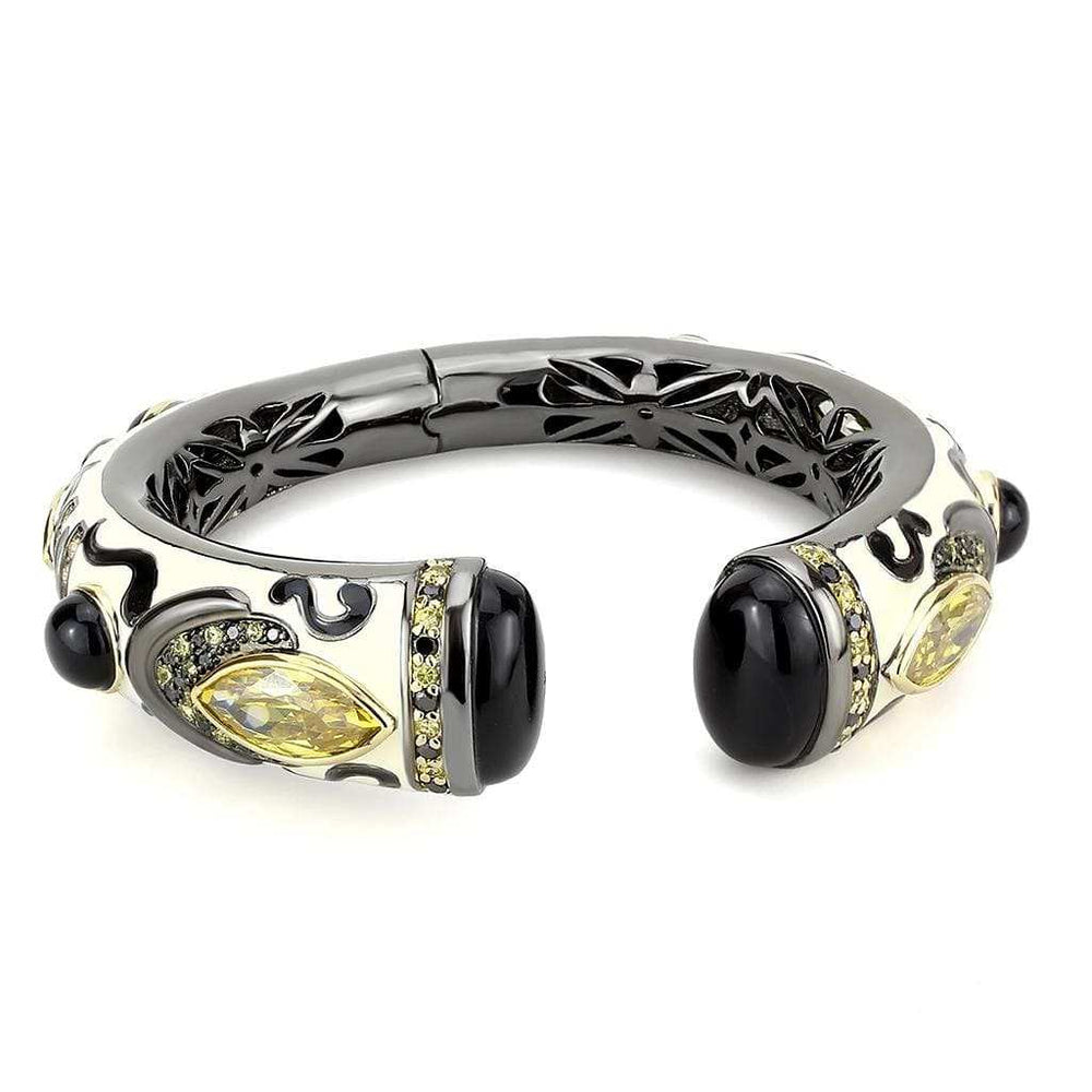 LO4298 - Gold+Hematite Brass Bangle with Synthetic Onyx in Jet - Alamode - Flyclothing LLC