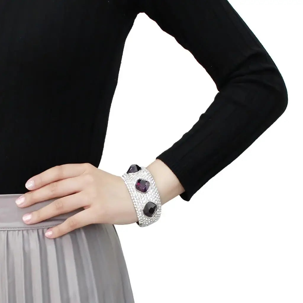 LO4330 - Rhodium Brass Bangle with AAA Grade CZ in Amethyst - Alamode - Flyclothing LLC