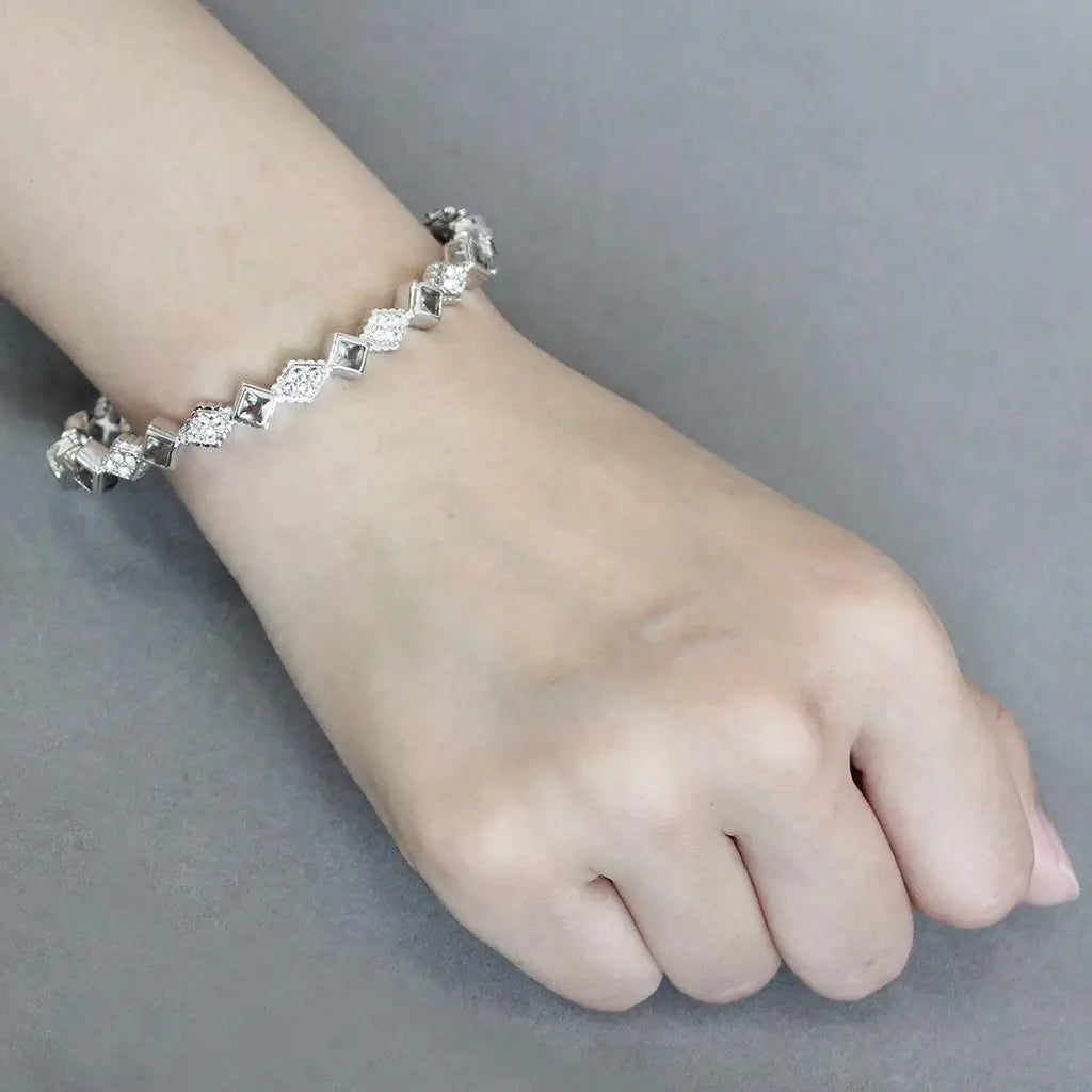 LO4340 - Rhodium Brass Bangle with Synthetic in Gray - Alamode - Flyclothing LLC