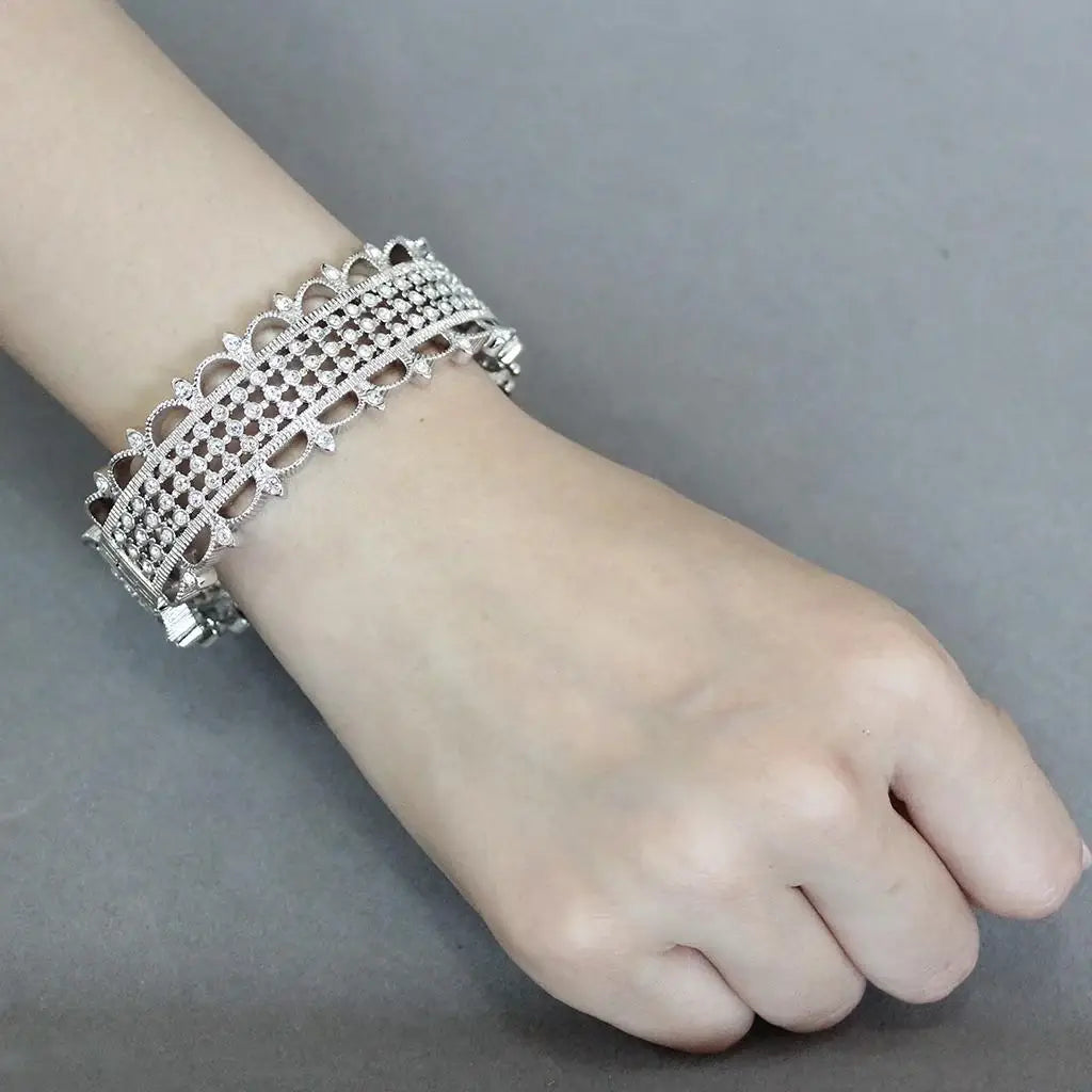 LO4346 - Rhodium Brass Bangle with Top Grade Crystal in Clear - Alamode - Flyclothing LLC