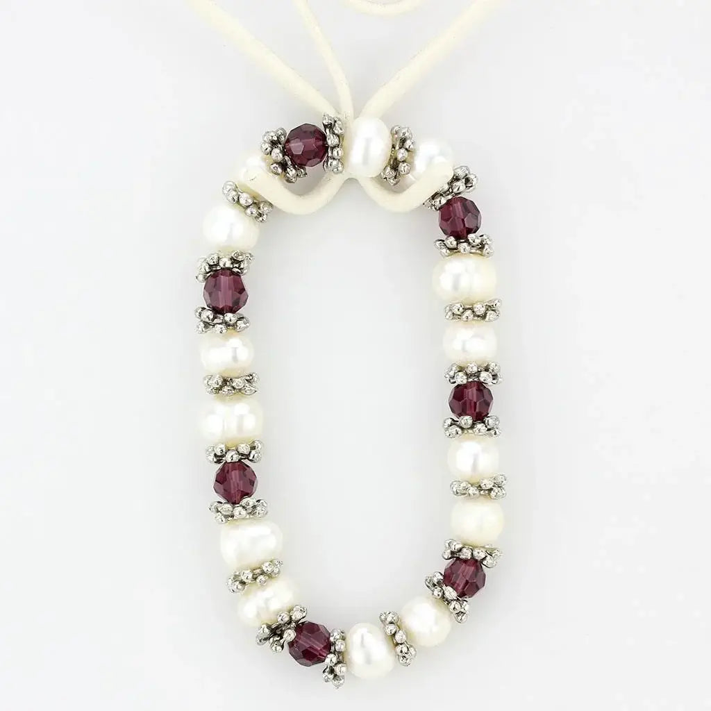 LO4654 - Antique Silver White Metal Bracelet with Synthetic Pearl in Fuchsia - Alamode - Flyclothing LLC