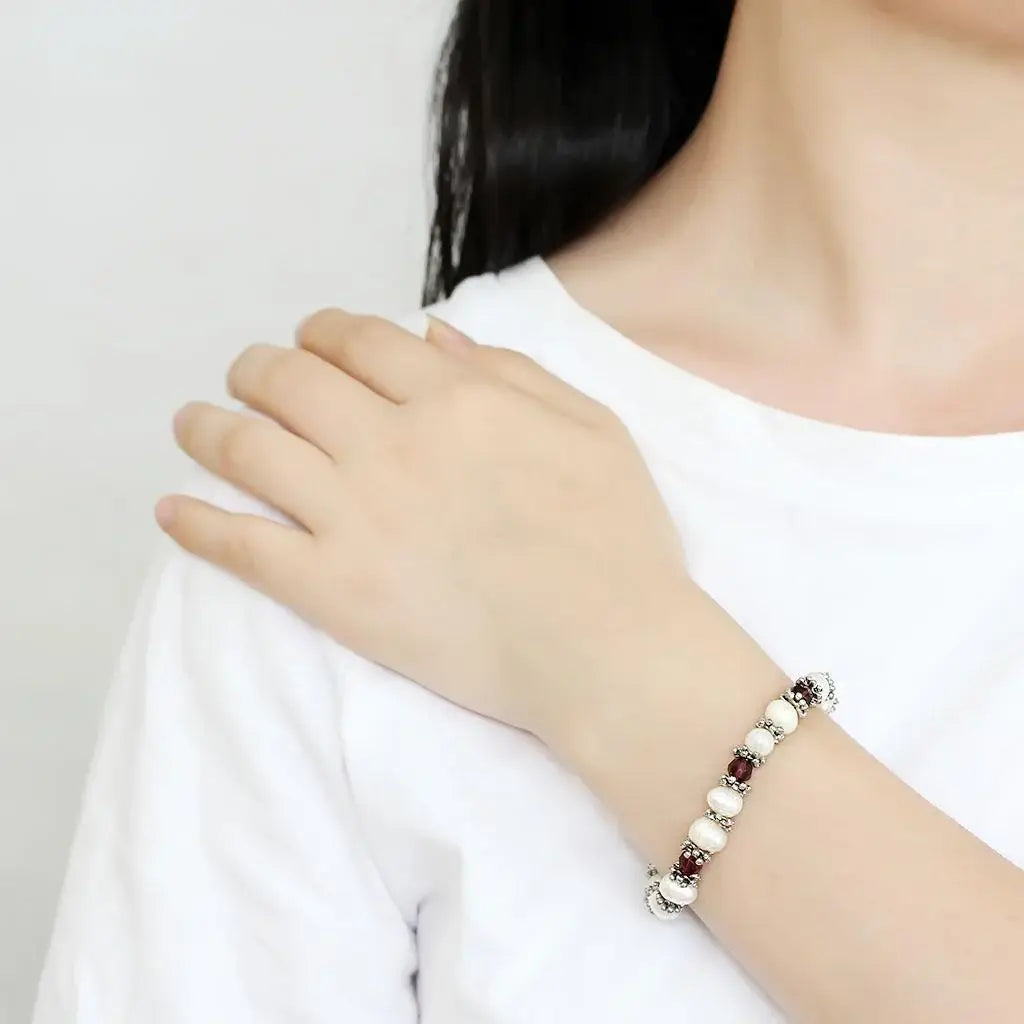 LO4654 - Antique Silver White Metal Bracelet with Synthetic Pearl in Fuchsia - Alamode - Flyclothing LLC