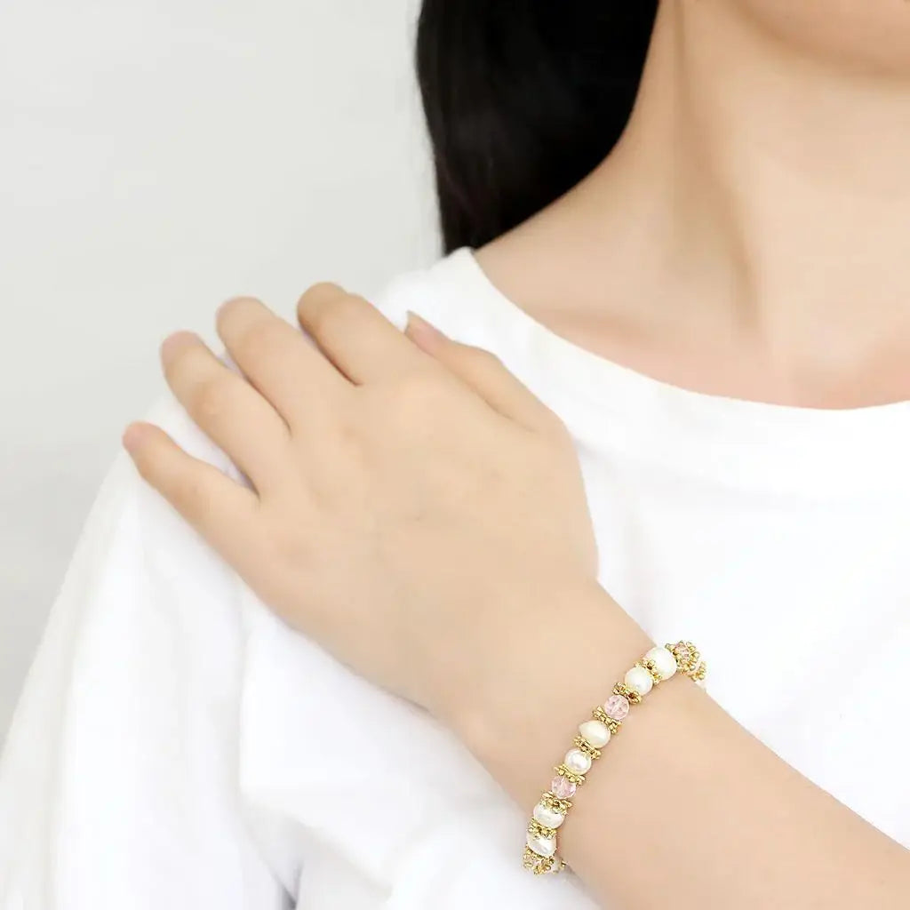 LO4655 - Antique Silver White Metal Bracelet with Synthetic Pearl in Rose - Alamode - Flyclothing LLC