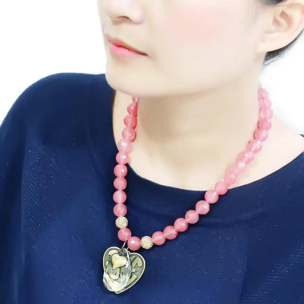 LO4662 - Antique Copper White Metal Necklace with Synthetic Synthetic Glass in Light Peach - Alamode - Flyclothing LLC