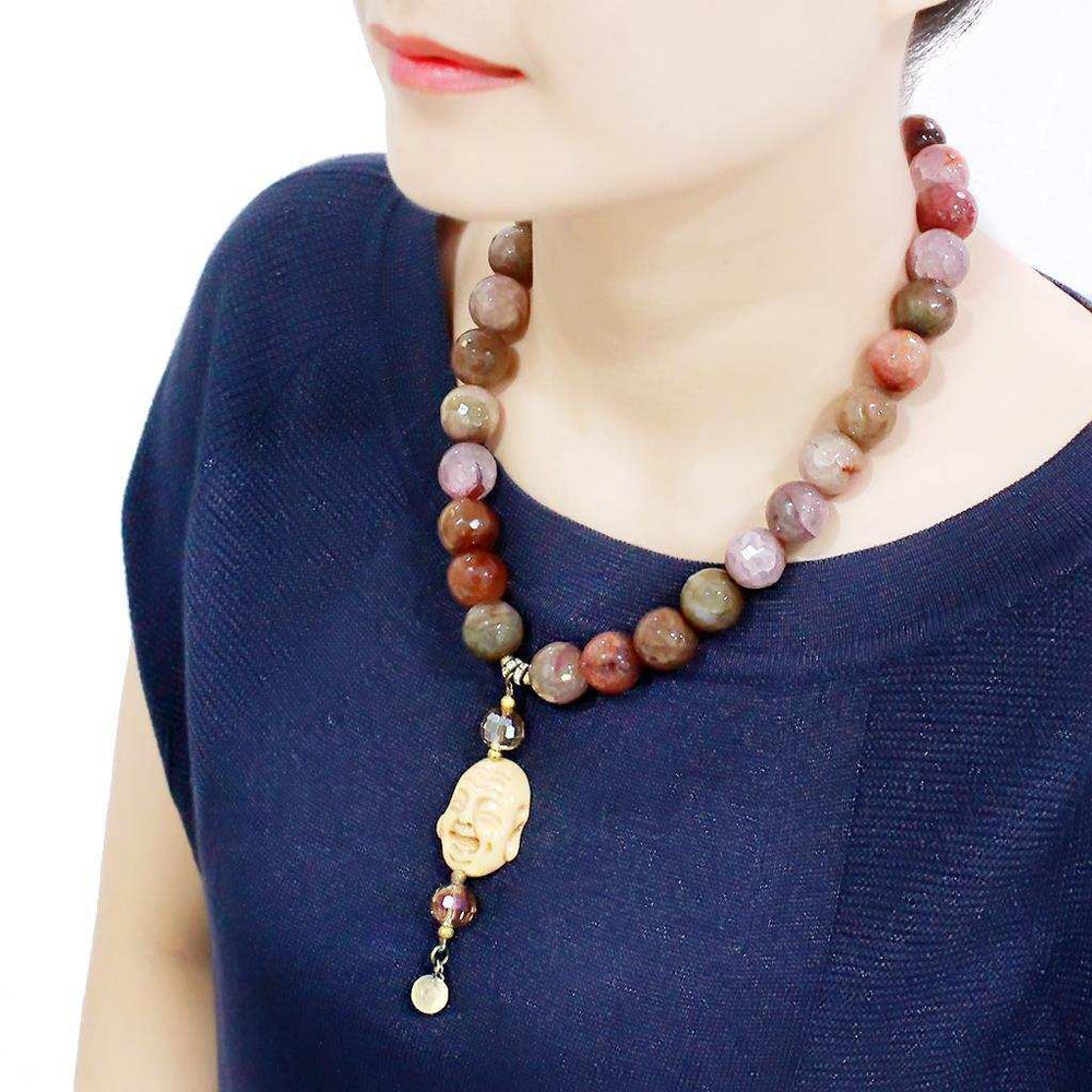 LO4663 - Antique Copper Brass Necklace with Semi-Precious Agate in Multi Color - Alamode - Flyclothing LLC