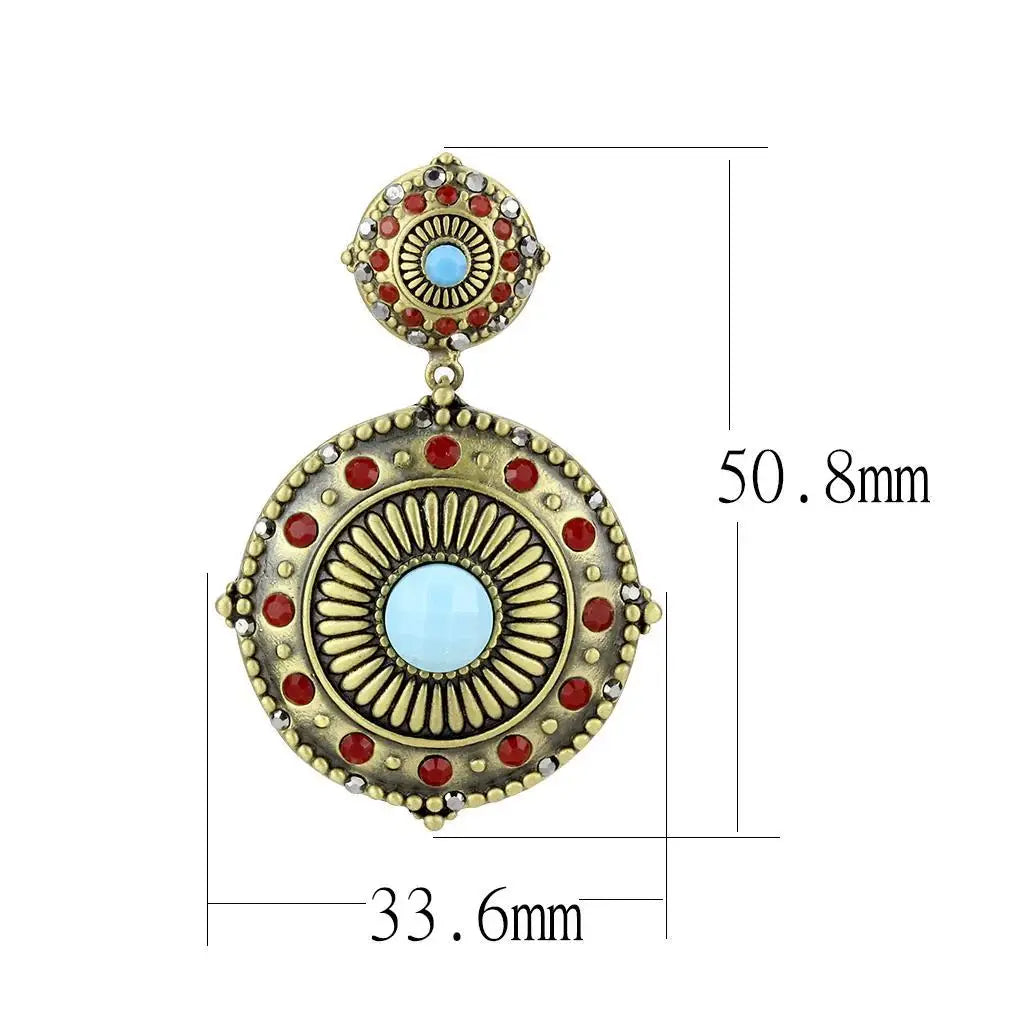 LO4685 - Antique Copper Brass Earrings with Synthetic Turquoise in Sea Blue - Alamode - Flyclothing LLC