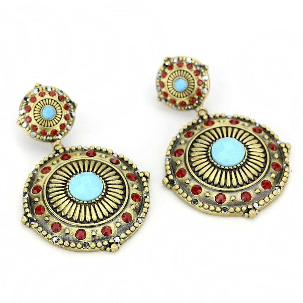 LO4685 - Antique Copper Brass Earrings with Synthetic Turquoise in Sea Blue - Alamode - Flyclothing LLC