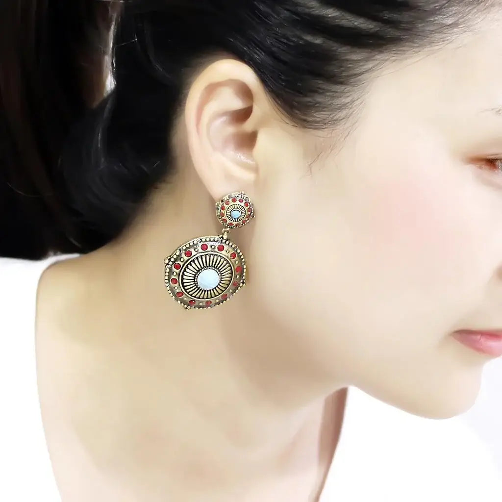 LO4685 - Antique Copper Brass Earrings with Synthetic Turquoise in Sea Blue - Alamode - Flyclothing LLC