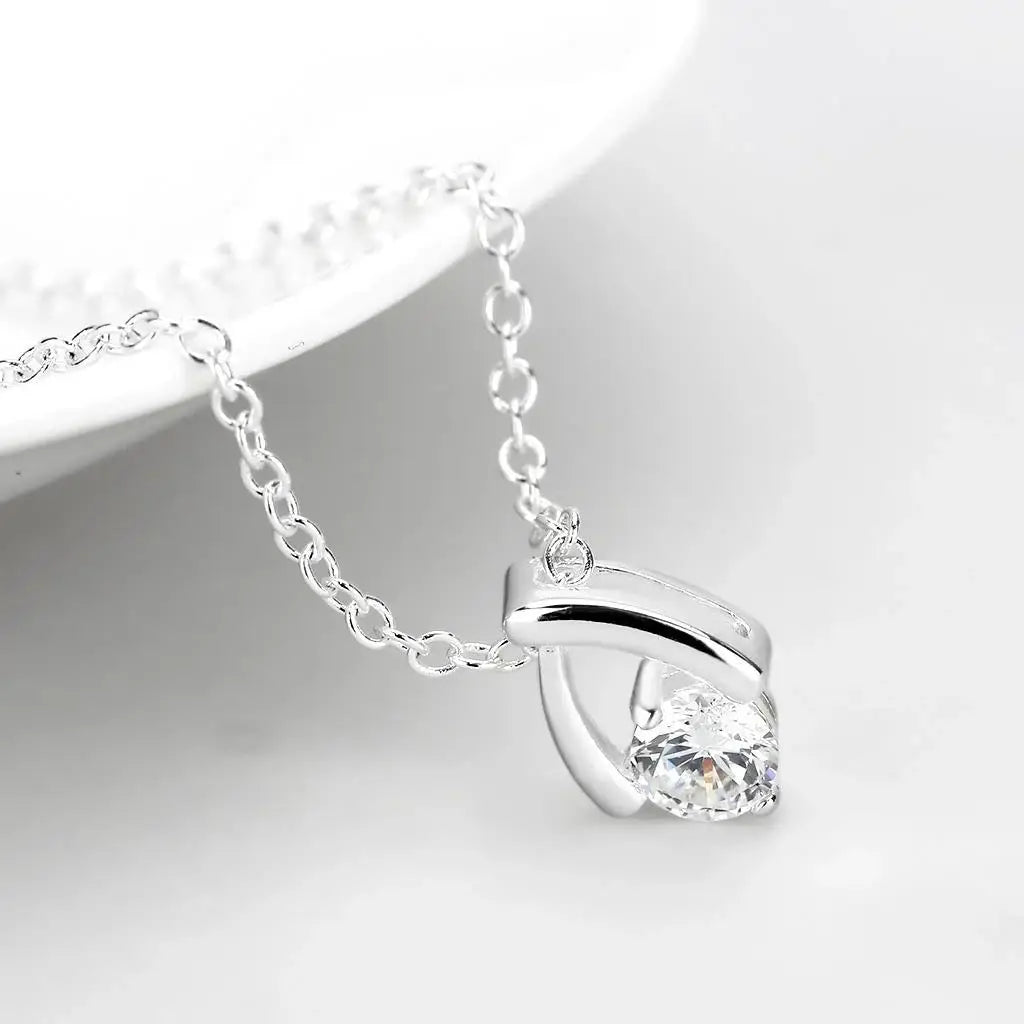 LO4692 - Silver+ e-coating Brass Chain Pendant with AAA Grade CZ in Clear - Alamode - Flyclothing LLC