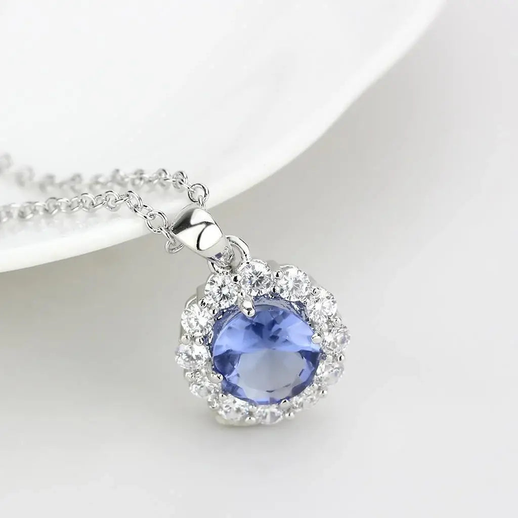LO4697 - Rhodium Brass Chain Pendant with Synthetic Synthetic Glass in Tanzanite - Alamode - Flyclothing LLC