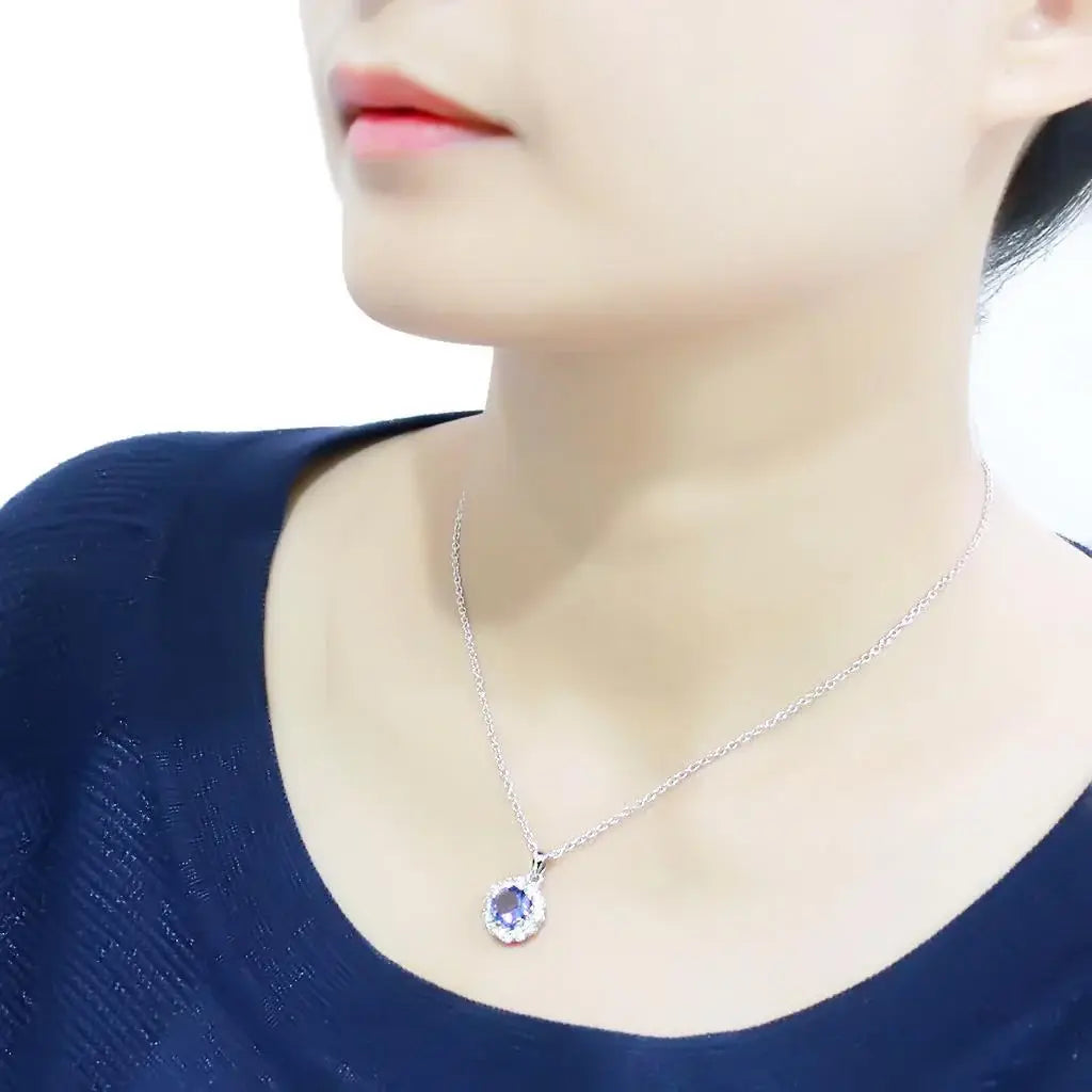 LO4697 - Rhodium Brass Chain Pendant with Synthetic Synthetic Glass in Tanzanite - Alamode - Flyclothing LLC