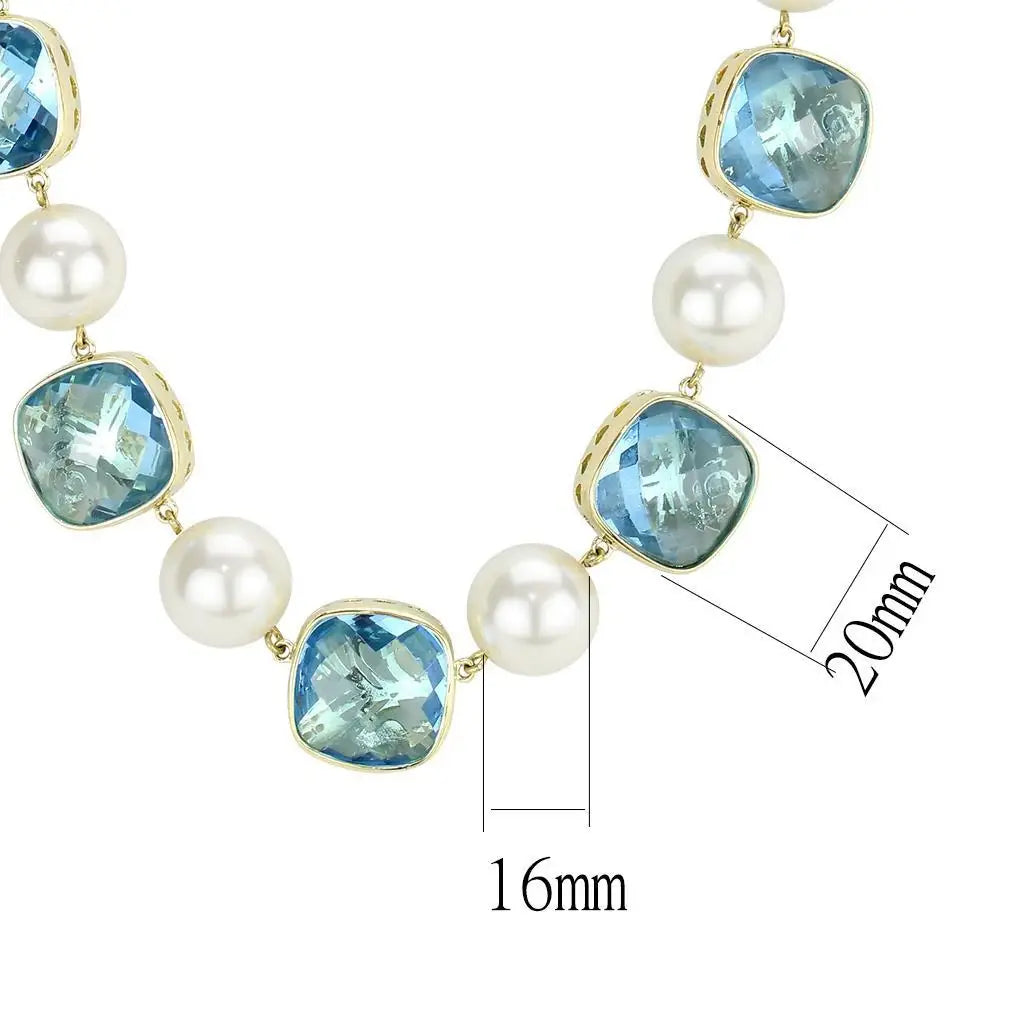 LO4706 - Gold Brass Necklace with Synthetic Synthetic Glass in Sea Blue - Alamode - Flyclothing LLC