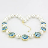 LO4706 - Gold Brass Necklace with Synthetic Synthetic Glass in Sea Blue - Alamode - Flyclothing LLC