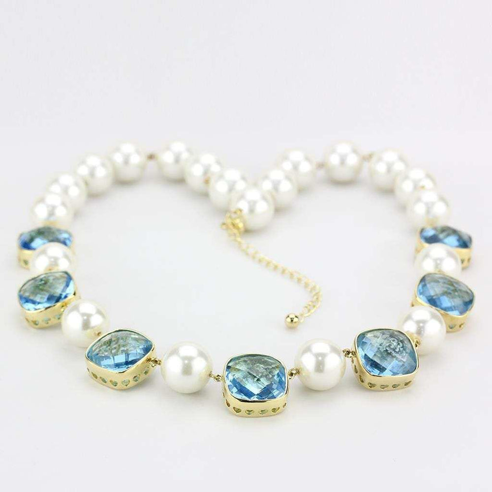 LO4706 - Gold Brass Necklace with Synthetic Synthetic Glass in Sea Blue - Alamode - Flyclothing LLC