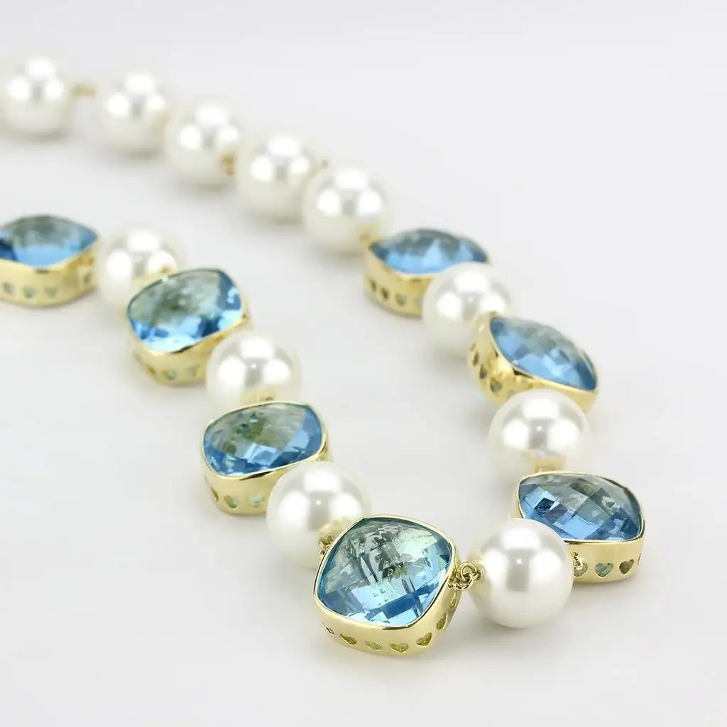 LO4706 - Gold Brass Necklace with Synthetic Synthetic Glass in Sea Blue - Alamode - Flyclothing LLC